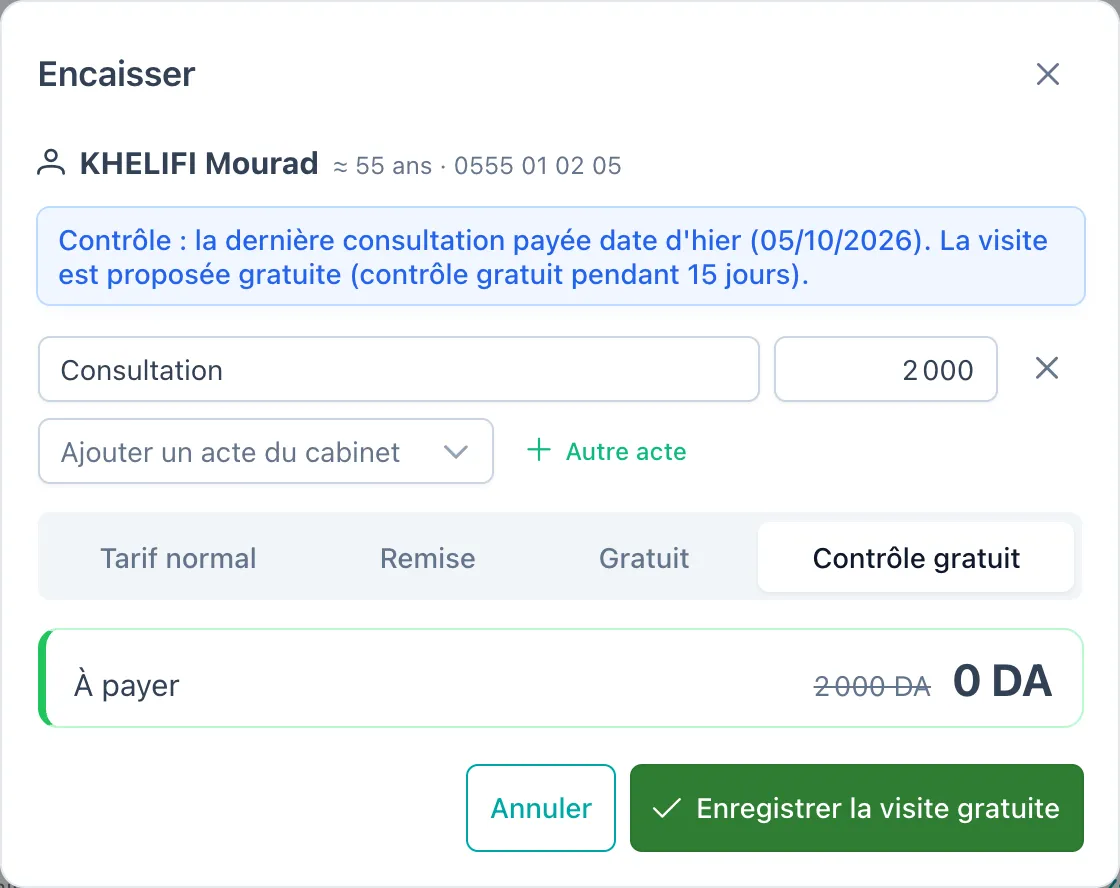 La fenêtre d'encaissement : le contrôle est proposé gratuit